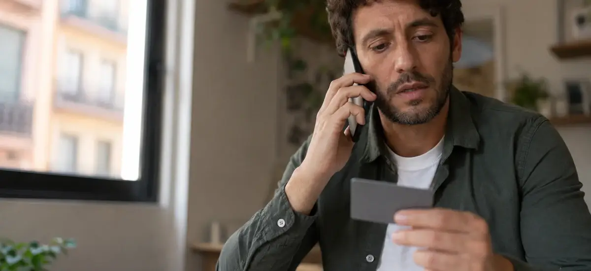 Qué hacer si ya has dado tus datos" — persona llamando por teléfono a su banco con expresión de urgencia controlada