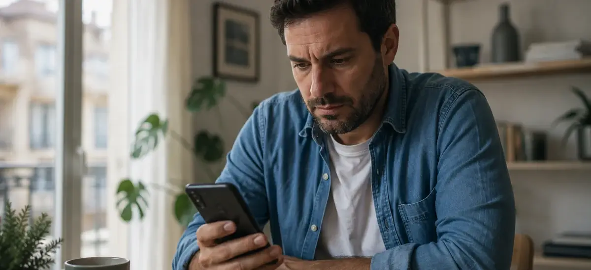 persona mirando su móvil con expresión de alerta ante un SMS sospechoso