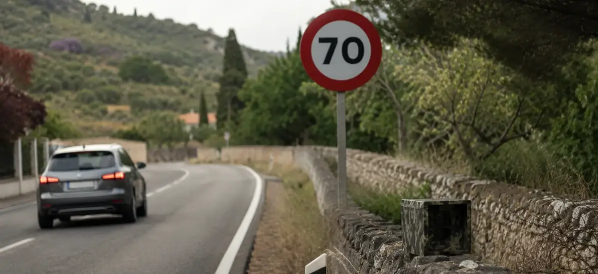 coche circulando por una carretera secundaria española con radar camuflado junto a una señal de límite de velocidad