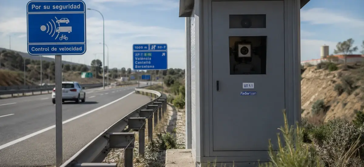 Radar fijo de la DGT en su cabina junto a la carretera, con la señal de aviso de control de velocidad al fondo