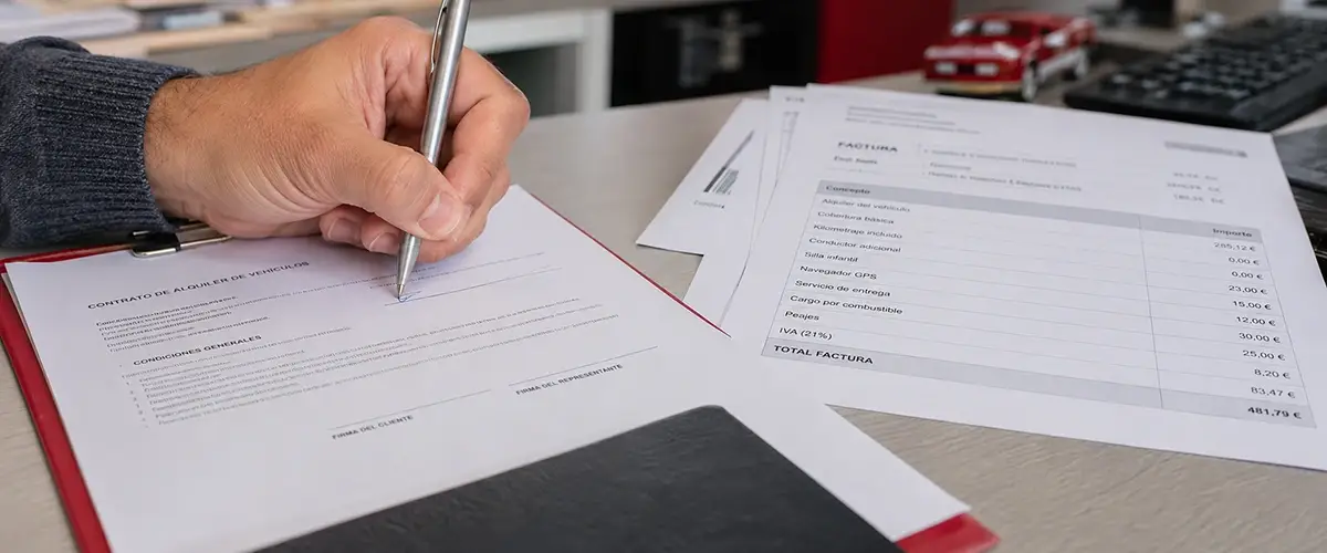 Persona firmando contrato de arrendamiento en empresa de alquiler de vehículos