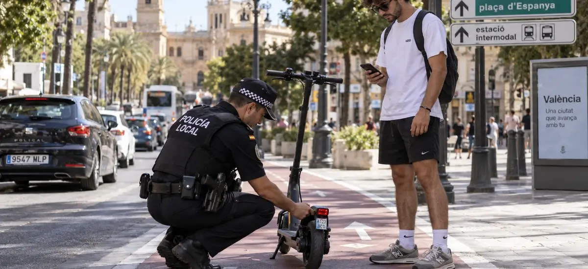 Agente de Policía Local revisando la etiqueta de un patinete eléctrico junto a su conductor en un carril bici de Valencia, en un control por la multa por patinete sin seguro