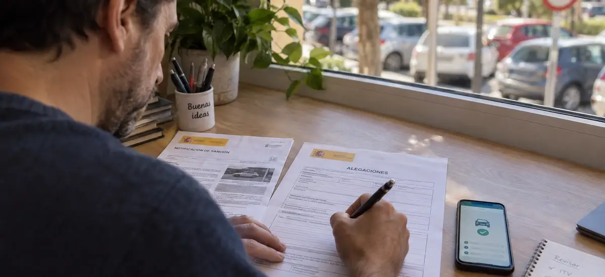 ¿Se puede recurrir esta multa?" — Persona rellenando un formulario de alegaciones junto a un boletín de denuncia de tráfico, en un escritorio