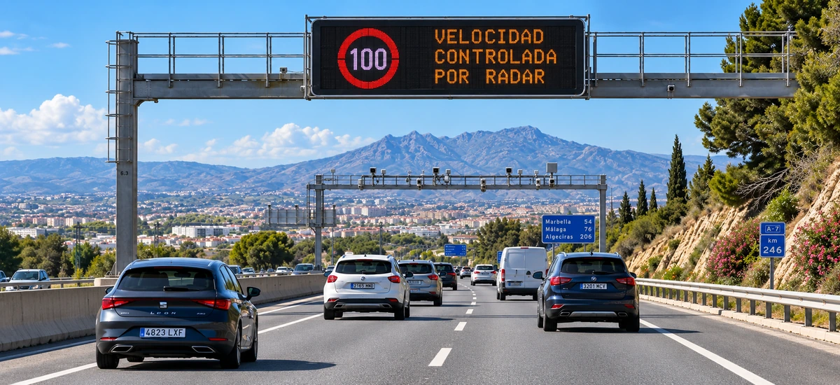 panel de señalización variable en autopista mostrando el límite de 100 km/h