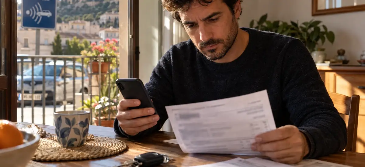 Hombre en la mesa de casa comparando la póliza en el móvil con una notificación de multa por no tener seguro de coche