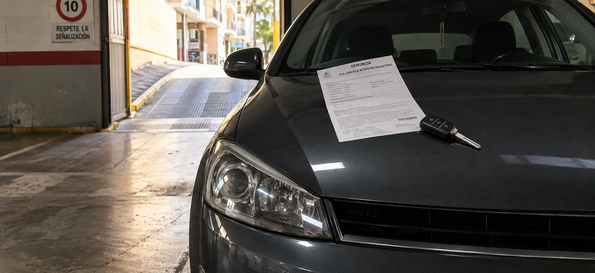 Coche aparcado en un garaje con una llave y un papel sobre el capó, ilustrando la multa por no tener seguro de coche