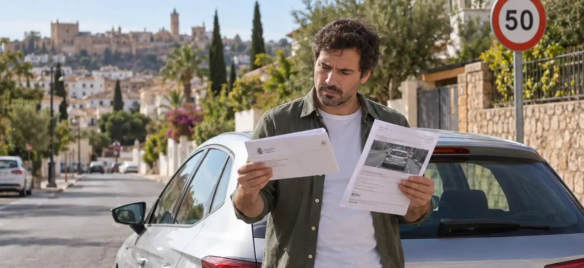 Hombre con camisa verde sosteniendo un sobre oficial y una notificación con la fotografía impresa de un coche junto a un turismo plateado aparcado en una calle española, con una señal de 50 al fondo, sobre una multa que no es mía